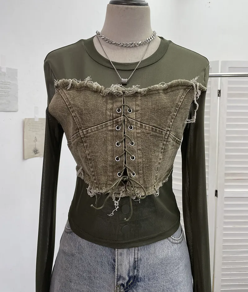 Churchf Vintage Babes Cowboy Spliced Tiring Strapped With Long Sleeves Short Mesh T-Shirt 2639