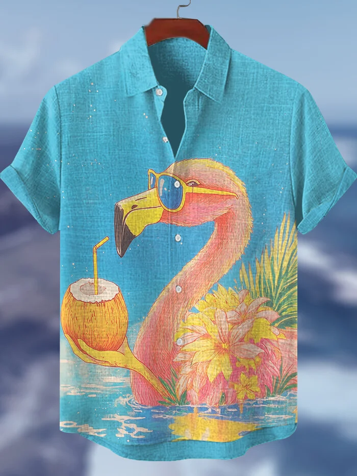 Men's Hawaii Style Coolest Flamingo And Coconut Print Shirt