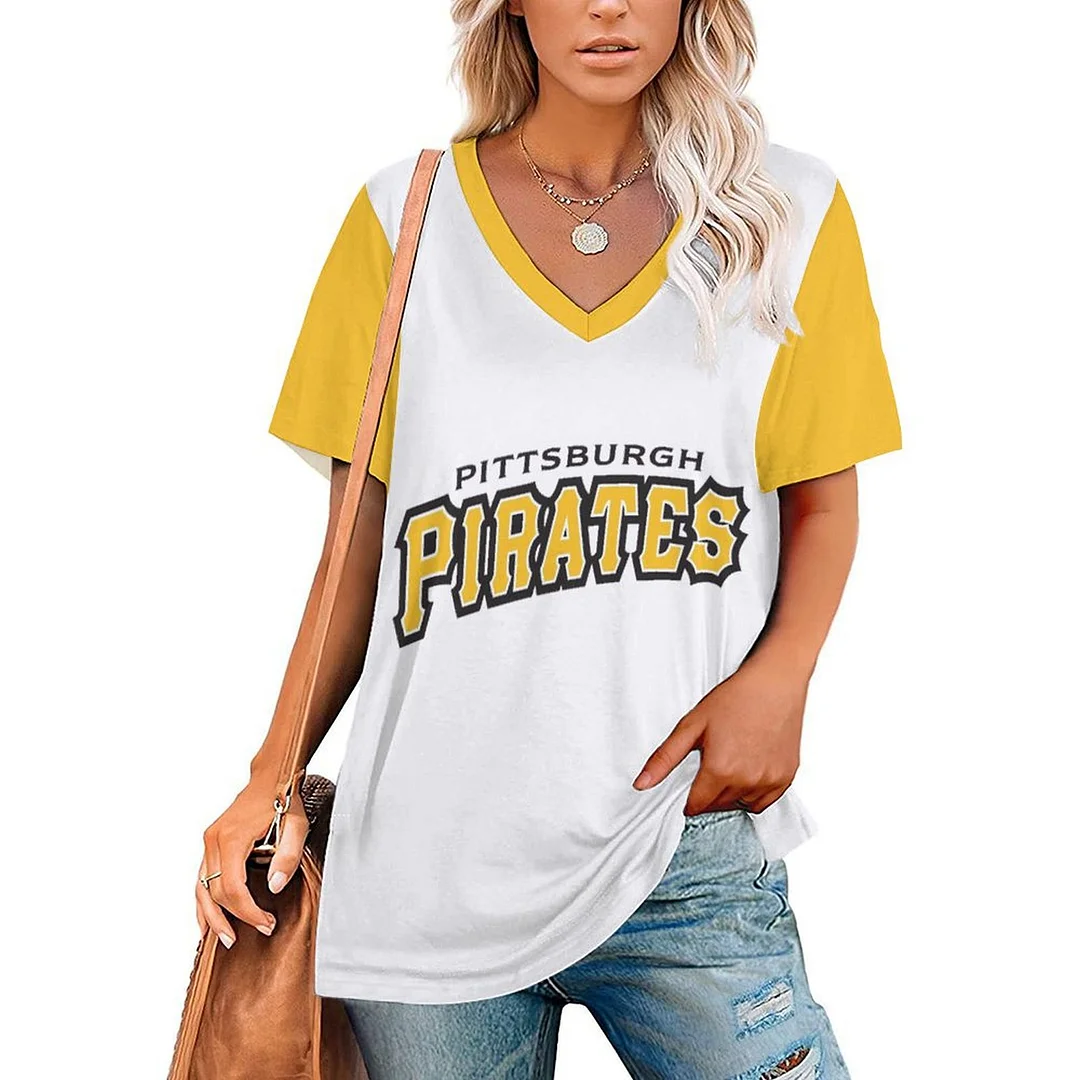V-neck Short Sleeve Casual T-shirt for  Women Printed with Pattern,Yellow,White,Black