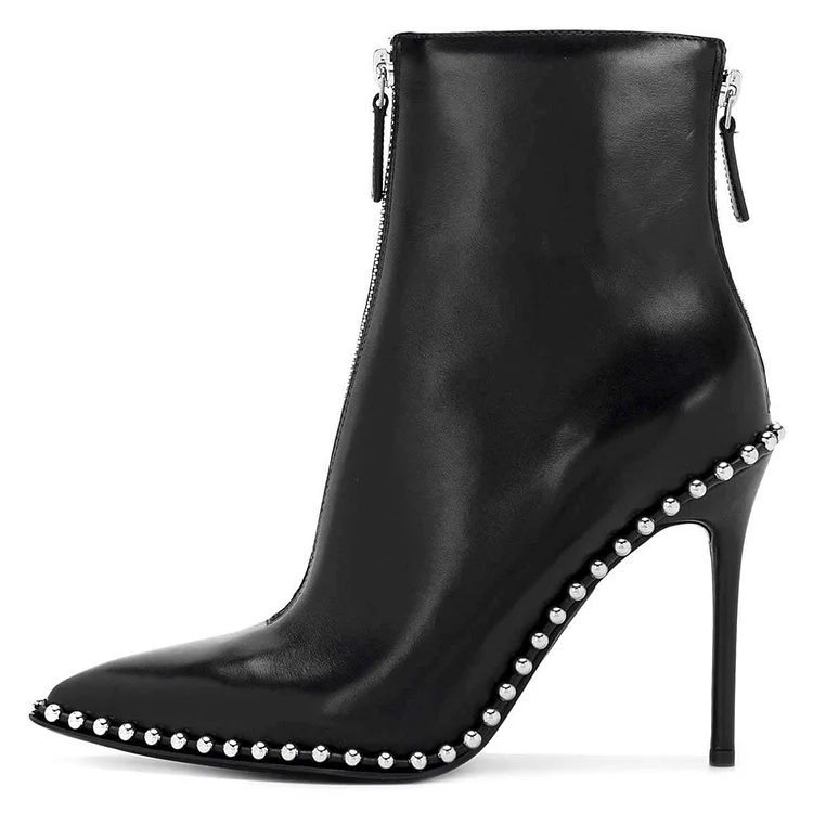 Black Stud Pointy Toe Double Zip Stiletto Heel Ankle Boots |FSJ Shoes