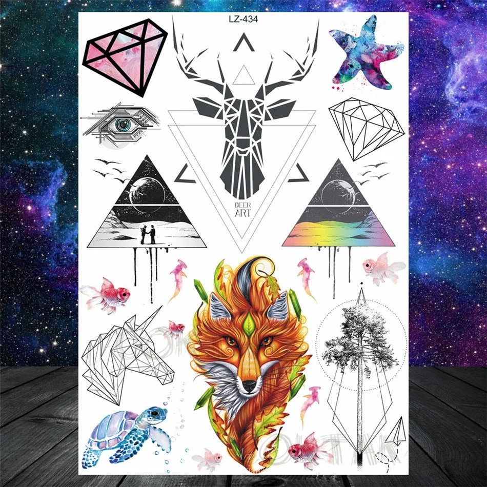 Realistic Fake Black Animal Temporary Tattoos Sticker For Men Women Geometric Wolf Outer Space Tatoo Temporary Decal For Kids