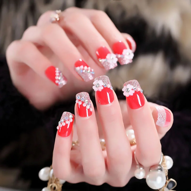 24Pcs/Set Fake Nails Press on Girls Finger Beauty False Nail Art Tips Bright Shining 3D Diamond Full Cover French Nail Art Tips-Nail Inspo