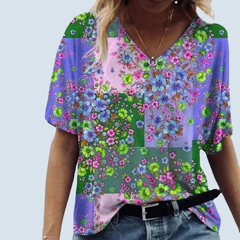 Casual floral patchwork v-neck graphic tees