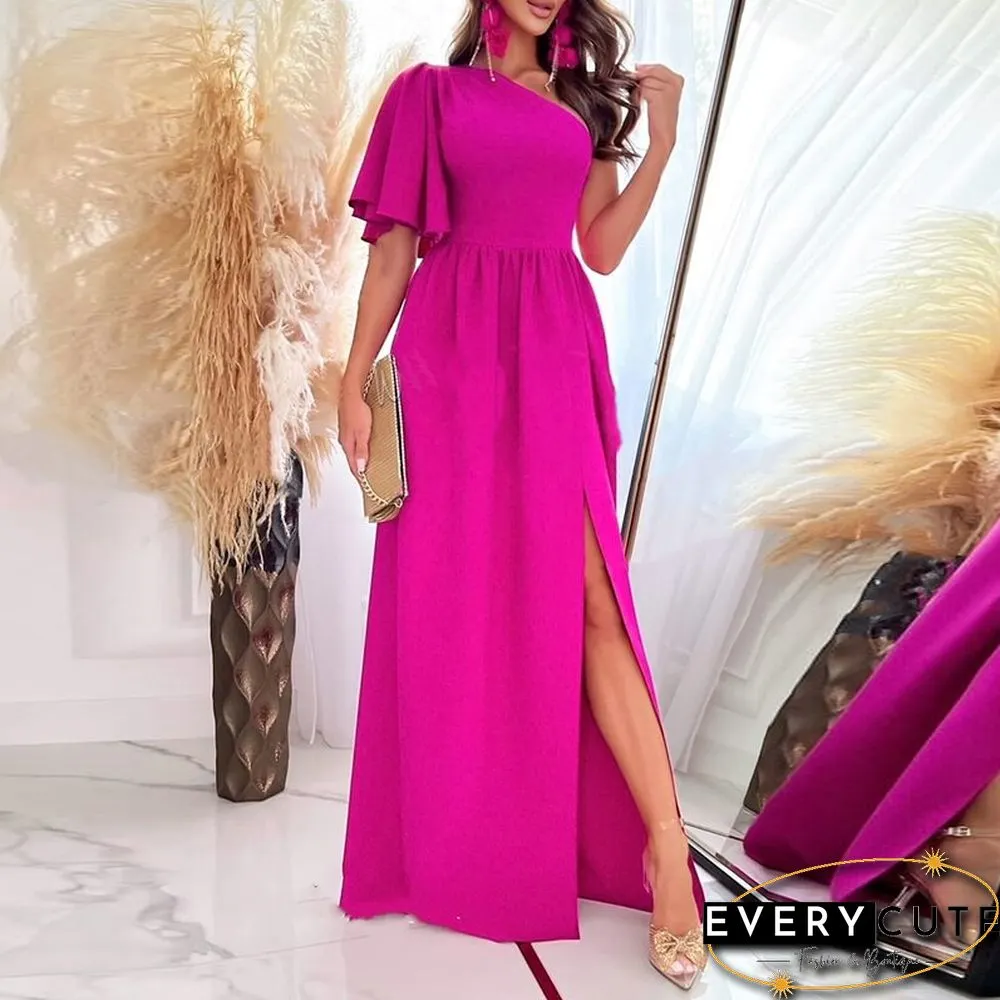 Elegant Diagonal Collar Open Back Slit Party Dress Women Fashion One Shoulder Shorts Long