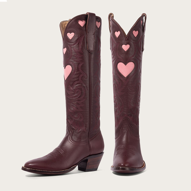 Maroon Pointed Toe Block Heel Wide Calf Knee High Cowgirl Boots Nicepairs