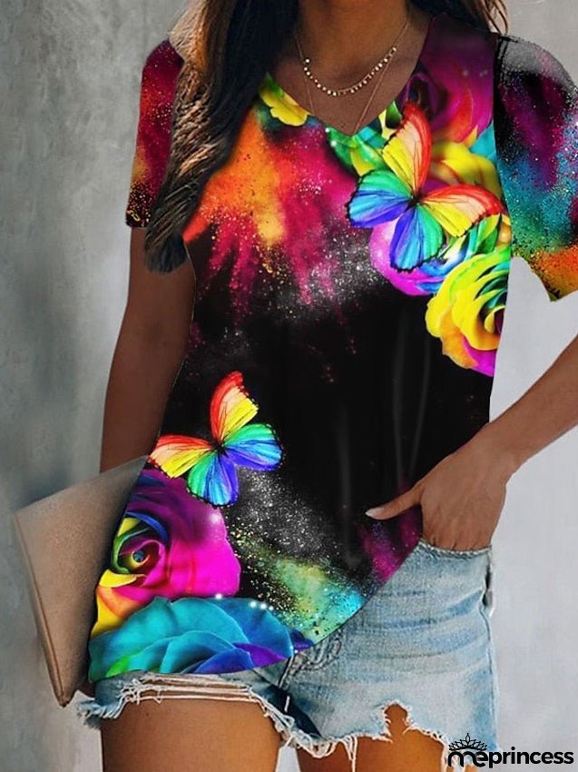Women's T Shirt Tee Blue Purple Green Graphic Butterfly Print Short Sleeve Daily Weekend Basic V Neck Regular Abstract