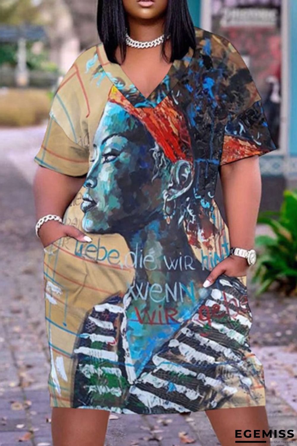 Apricot Fashion Print Pocket V Neck Straight Dresses | EGEMISS