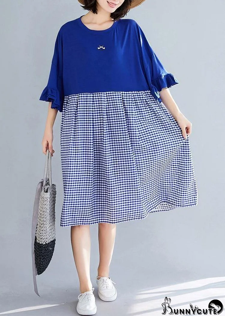 100% blue Plaid Cotton clothes Sweets Runway o neck Butterfly Sleeve shift Summer Dress