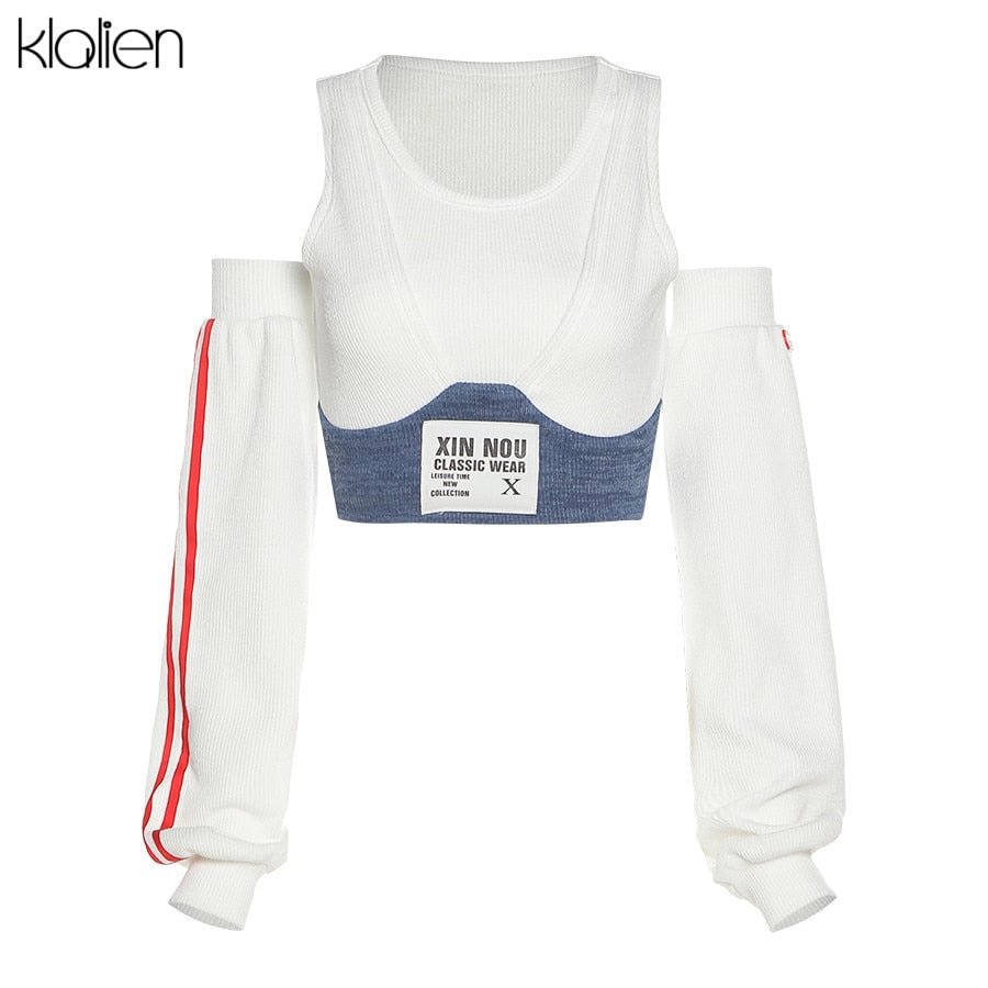 KLALIEN Spring Fashion Patchwork Women T-shirt 2021 New Sexy Off Shoulder Rib Knitted Letter Slim Wild Streetwear Female Top