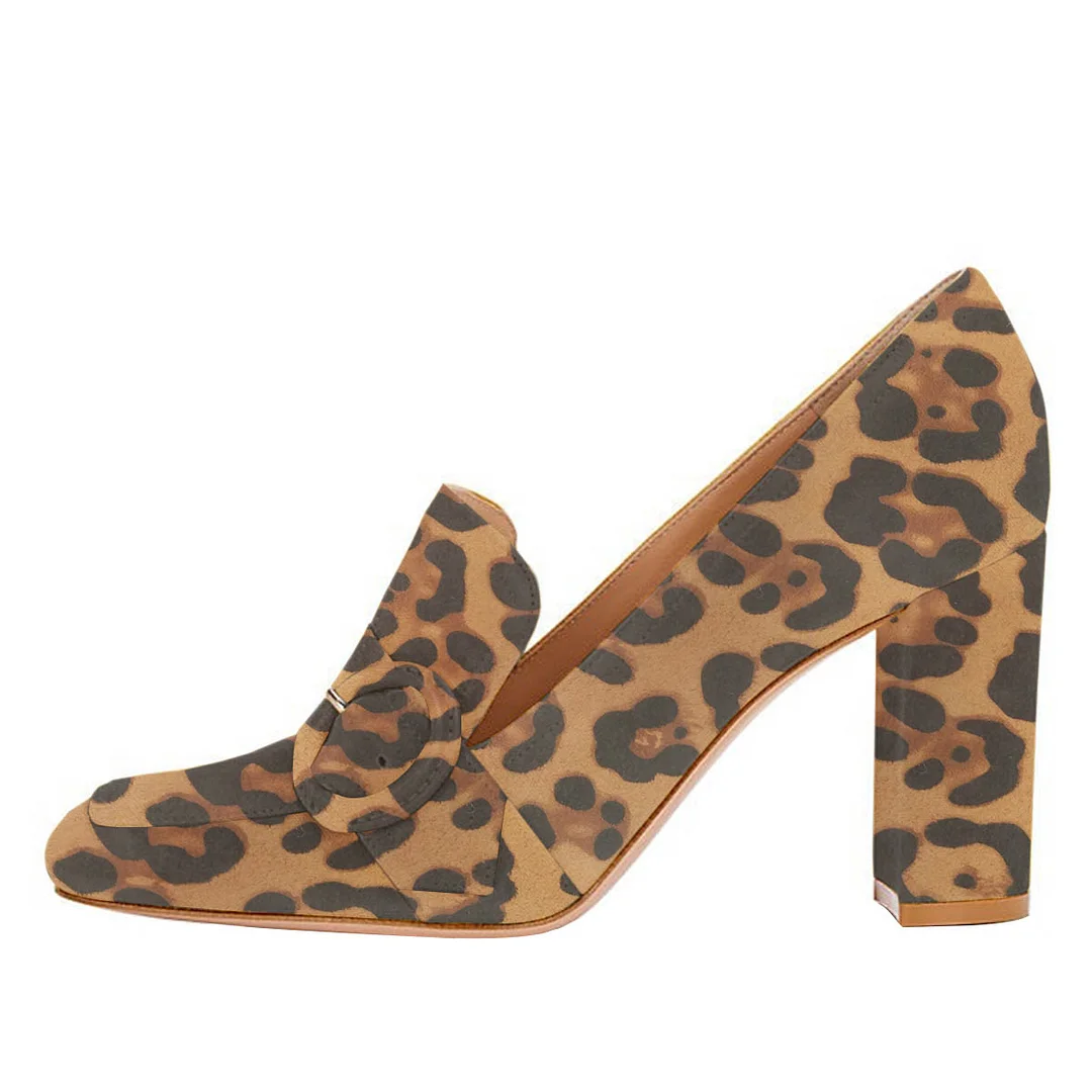 Vegan Suede Leopard Print Square Toe Round Buckle Loafer Heels