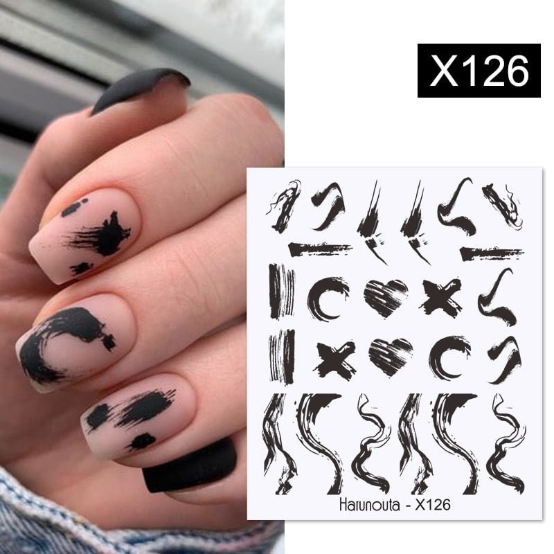 Harunouta Black Brush Color Block Nail Water Decals Valentine Geometric Lines Manicures Charms Sliders Nail Art Decoration Tips
