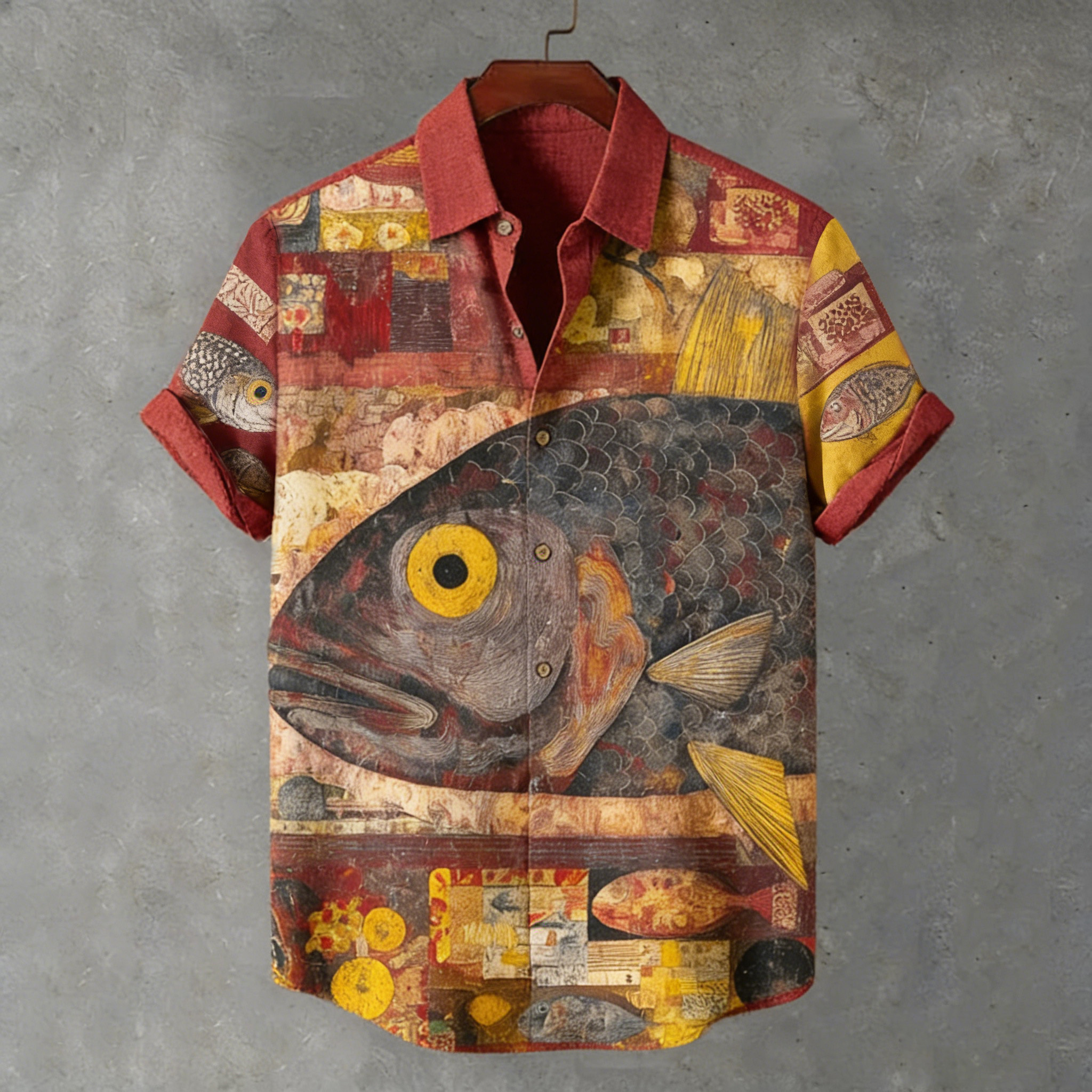 Men's Japanese-style Art Fish Pattern Linen Short-sleeved Shirt  artssus