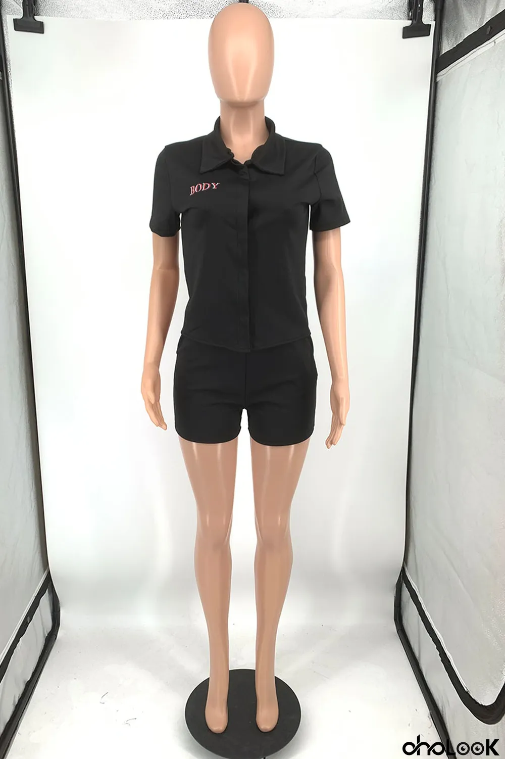 Water Blue Casual Print Letter Turndown Collar Short Sleeve Two Pieces