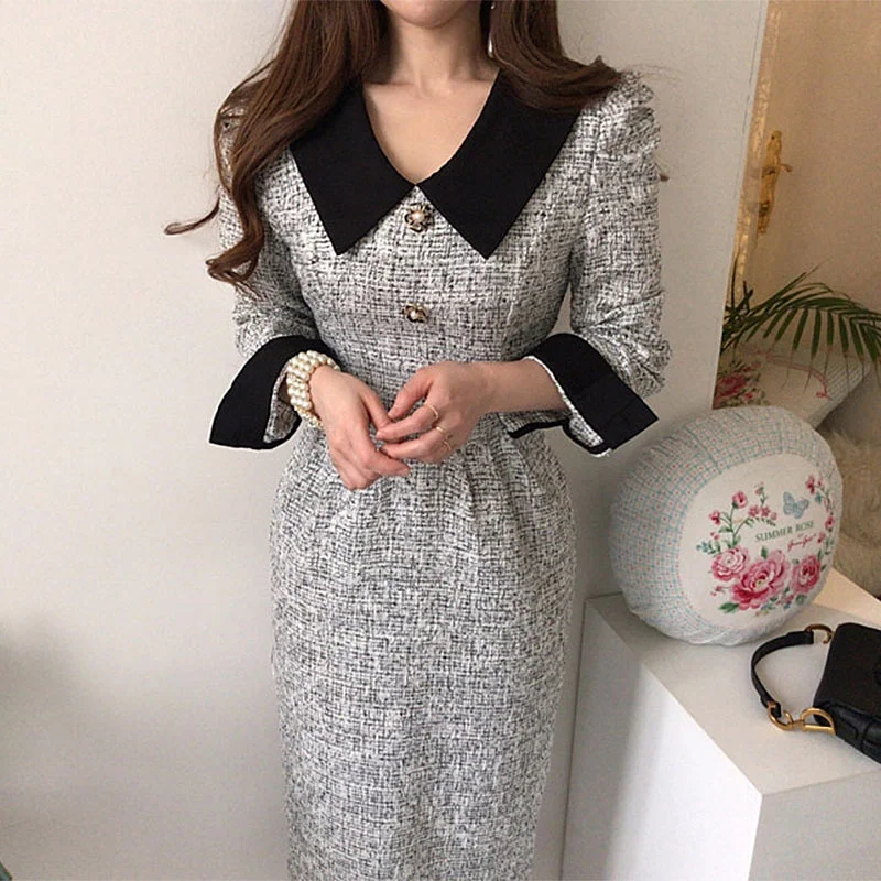 Churchf Churchf Chic Retro Temperament Contrast Color Lapel Pressure Fold Belt Closed Waist Show Thin And Thick Long Tweed Dress