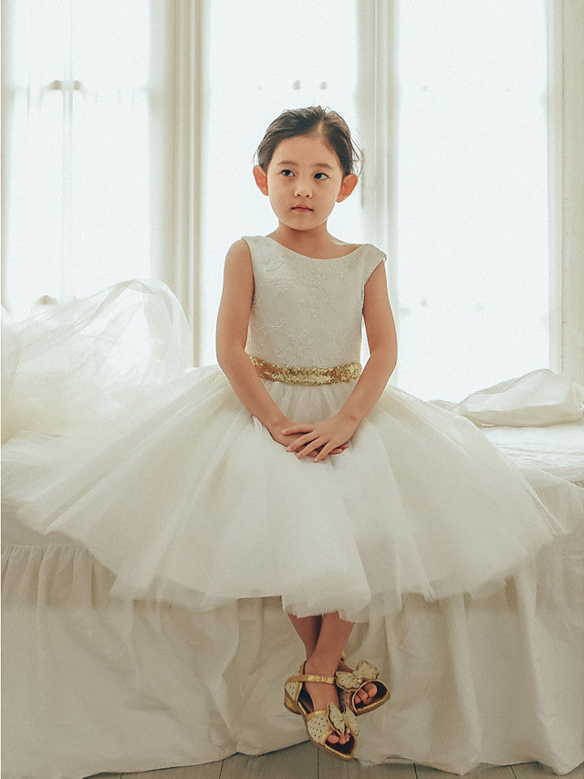 Oknass Ball Gown Sleeveless Jewel Neck  Flower Girl Dresses Lace Tulle With Bows  Belt