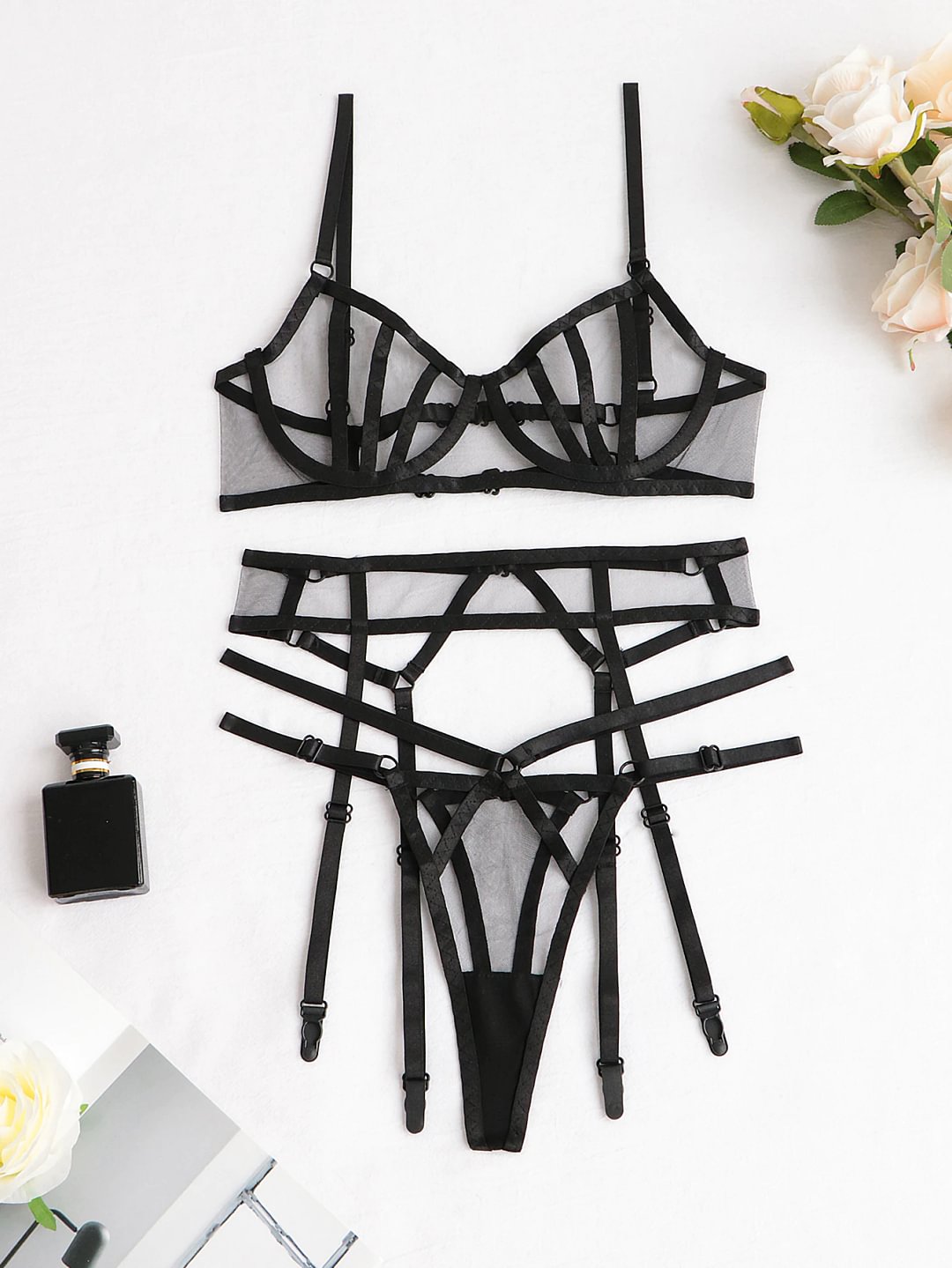 Billionm Sensual Lingerie Sexy Transparent Bra And Panty Set Garters 3-Piece Porn See Through Underwear Sissy Erotic Costumes