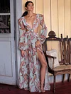 Floral-Print Bandage Puff Sleeves Asymmetric Bohemian Maxi Dress