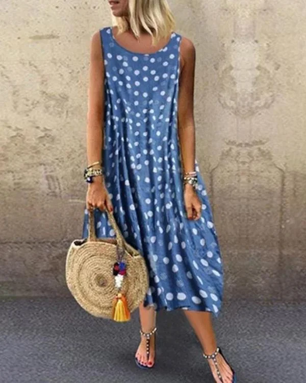 Round Neck Women Summer Dresses Printed Polka Dots Midi Dresses