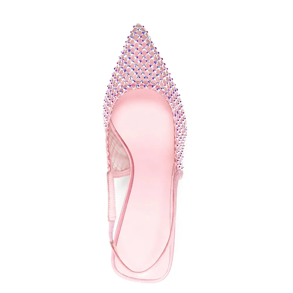 YDN Sparkly Pink Rhinestone Mesh Pointed Toe Slingback Heels