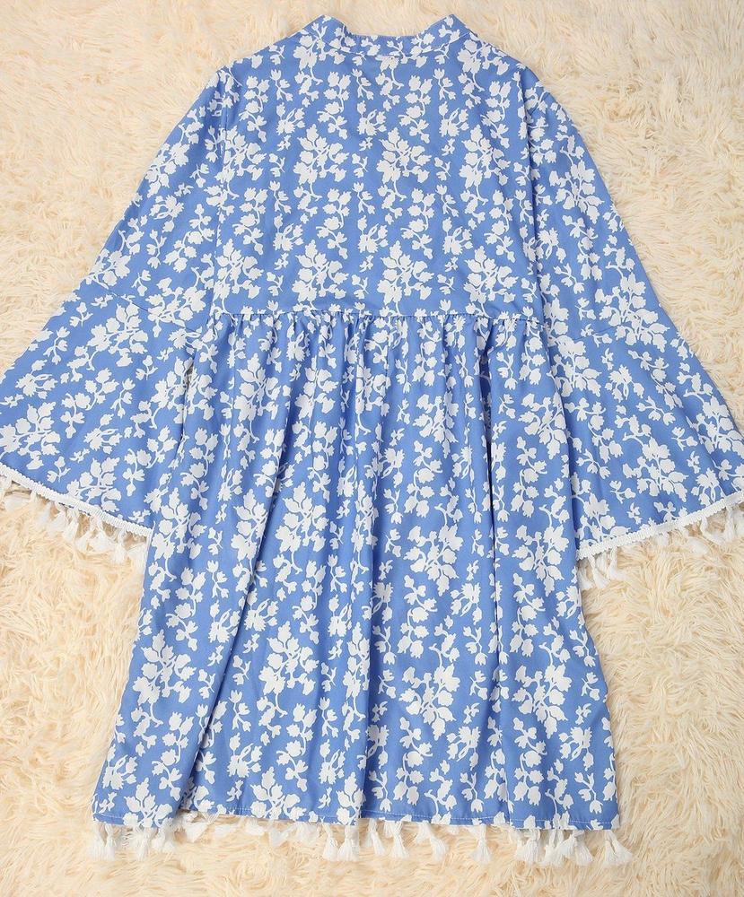Chic Blue Printed V-Neck Loose Tassel Dress--vocosishoes