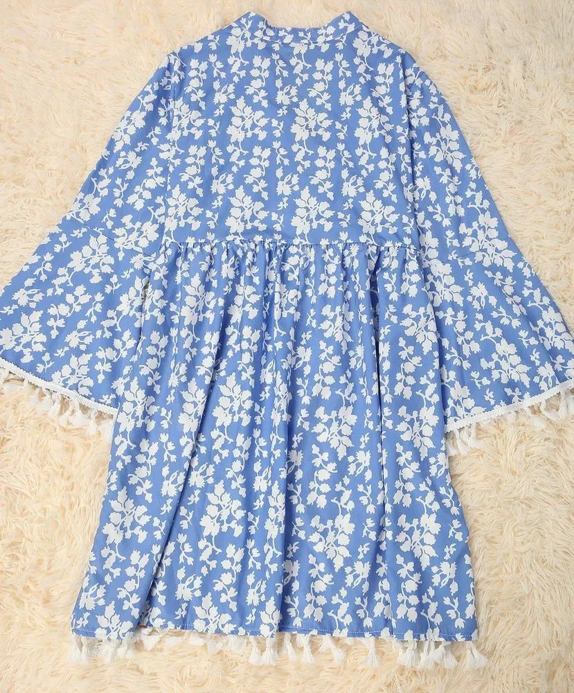 Chic Blue Printed V-Neck Loose Tassel Dress--vocosishoes