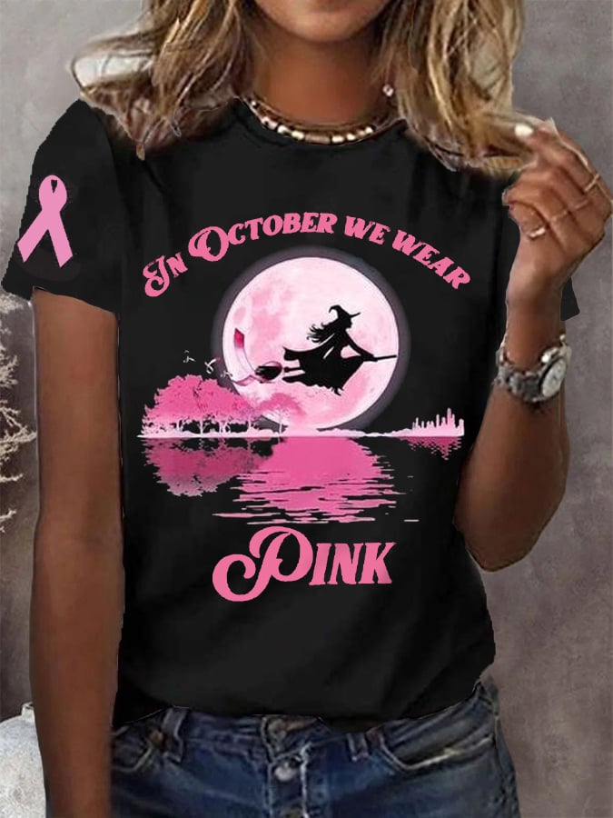 Women's In October We Wear Pink Halloween Witch Breast Cancer Awareness Warrior Tee