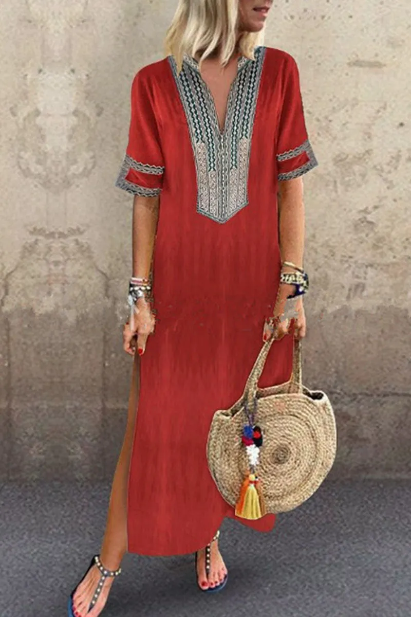 Fashion Celebrities Print Patchwork V Neck Printed Dress(6 Colors)