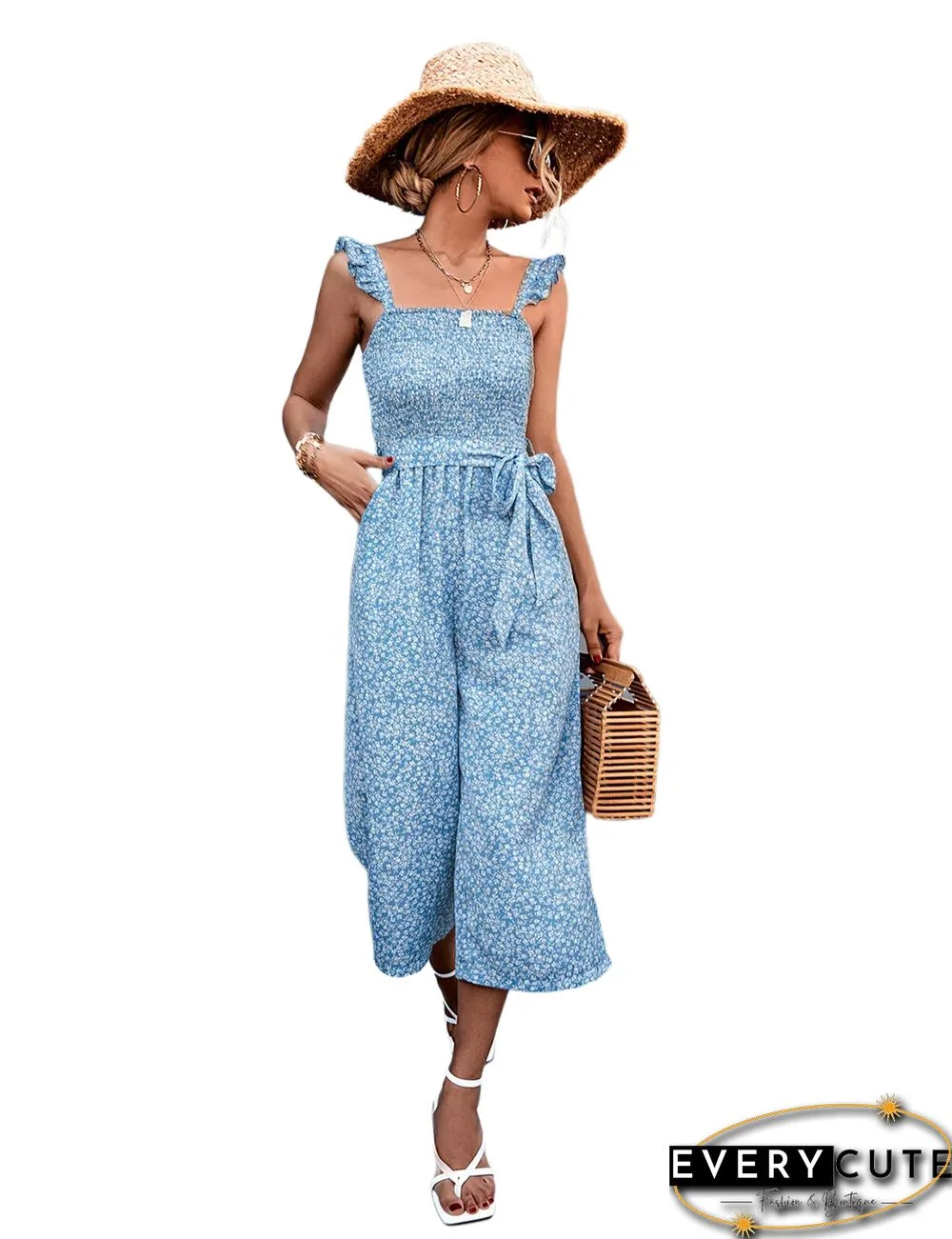 Light Blue Floral Print Pocket Wide Leg Jumpsuit