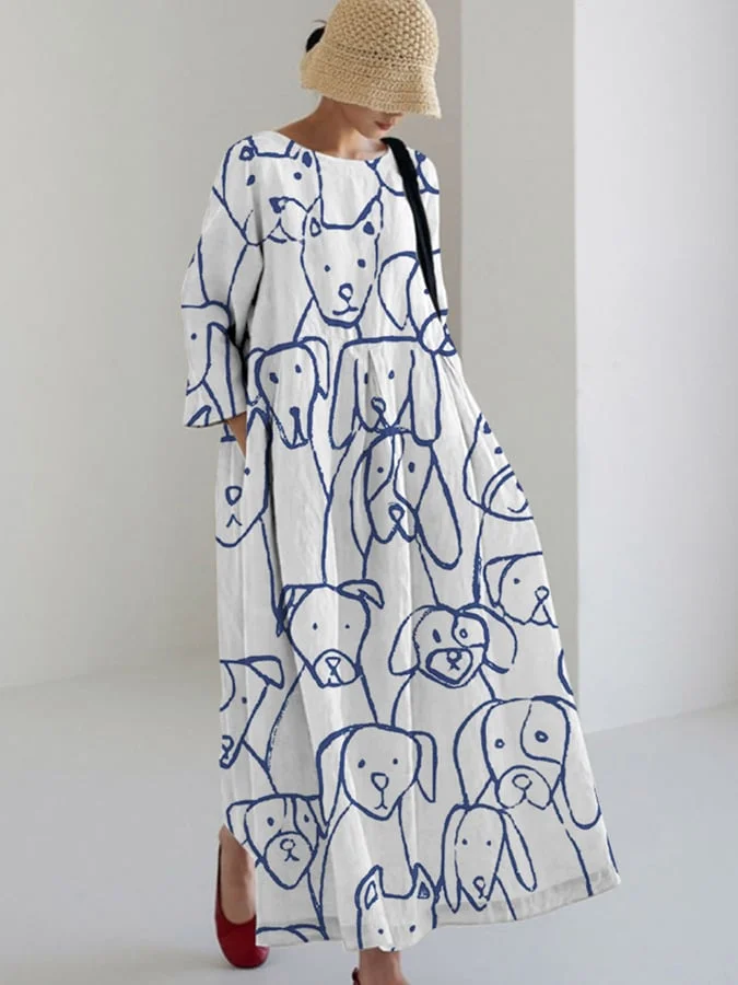 Women's Funny Dog Print Casual Loose Dress (With Pockets On Both Sides)