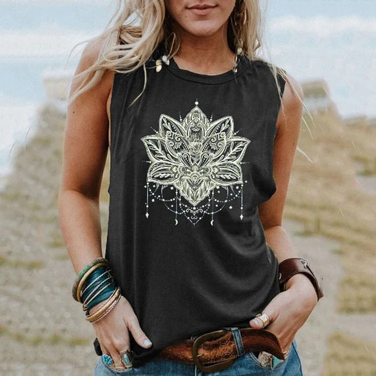 Vintage Tribal Geometric Zodiac Flower Sleeveless Tank Top