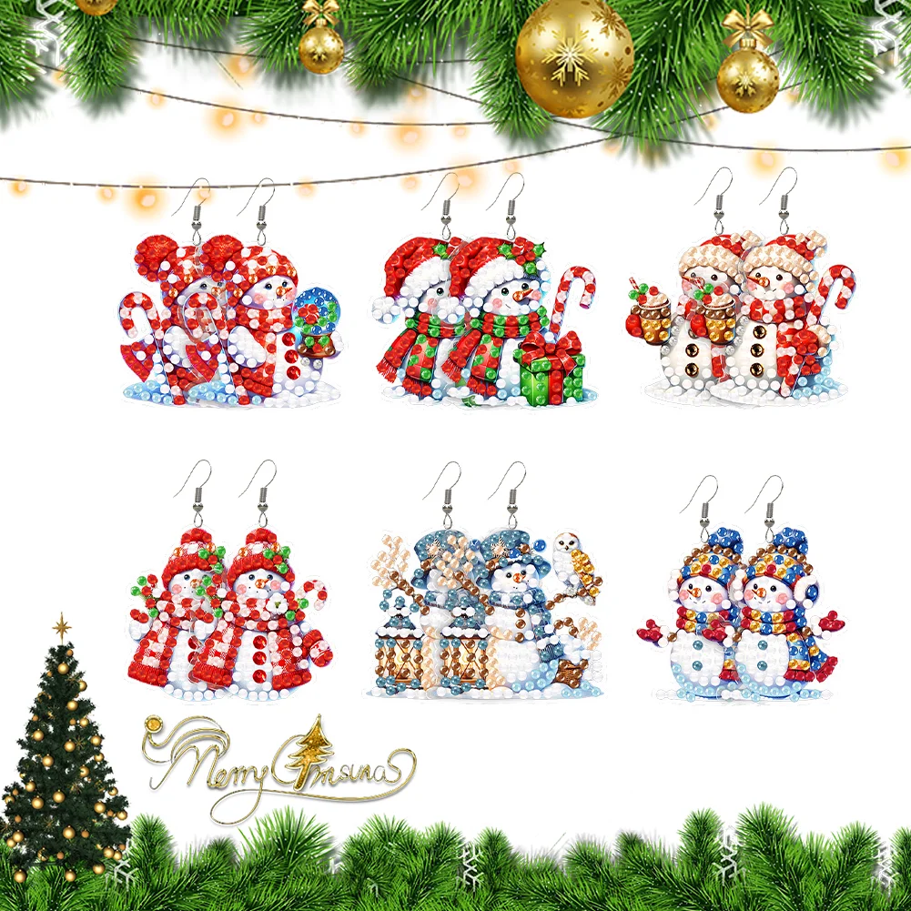 6 Pairs Double Sided Christmas Snowman Diamond Painting Earrings Jewelry