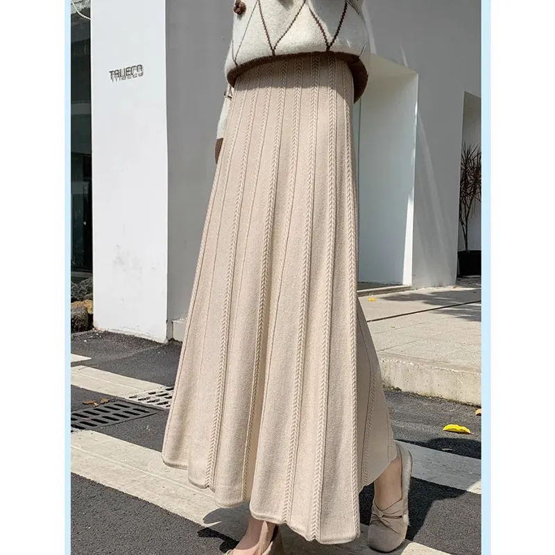 Churchf Churchf And Winter New Casual Wool Big Place Skirt Thread Thickened Tall Waist A-Word Skirt Black Skirt Female Knit Skirt