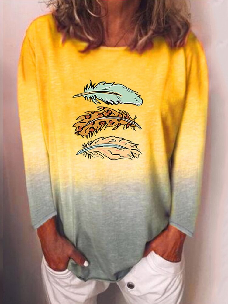 Feather Print Gradient Color Long Sleeve Casual T shirt for Women P1793001