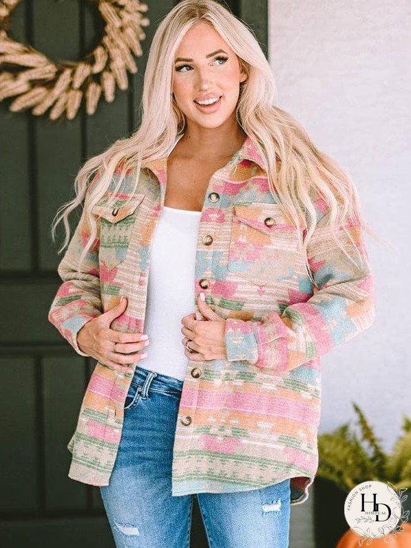 Women'S Western Printed Casual Jacket With Lapel Collar
