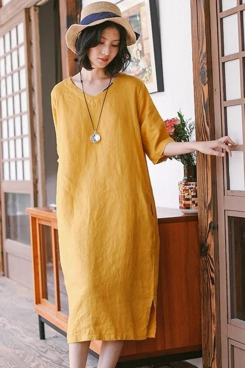 Loose Women Linen Yellow Dresses Summer Casual Outfits