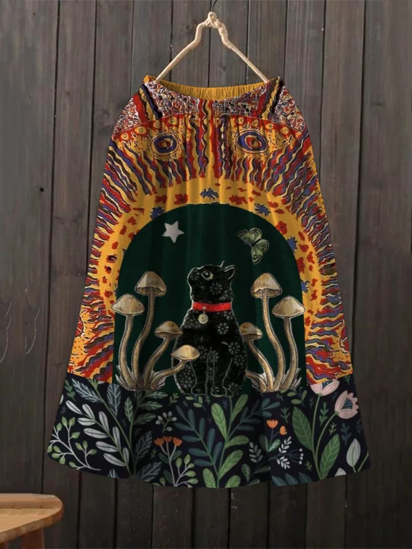 Women's Black Cat Mushroom Magical World pattern Print Casual Skirt​