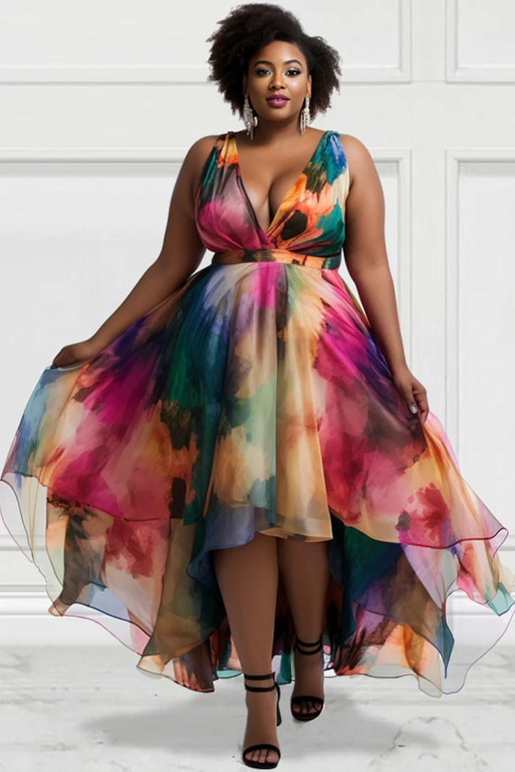 Xpluswear Design Plus Size Party Elegant Multicolor All Over Print V Neck Irregular Hem Organza Midi Dresses [Pre-Order]