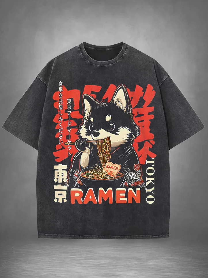 Men's Dog Eating Ramen Japanese Art Print Cotton Washed T-Shirt