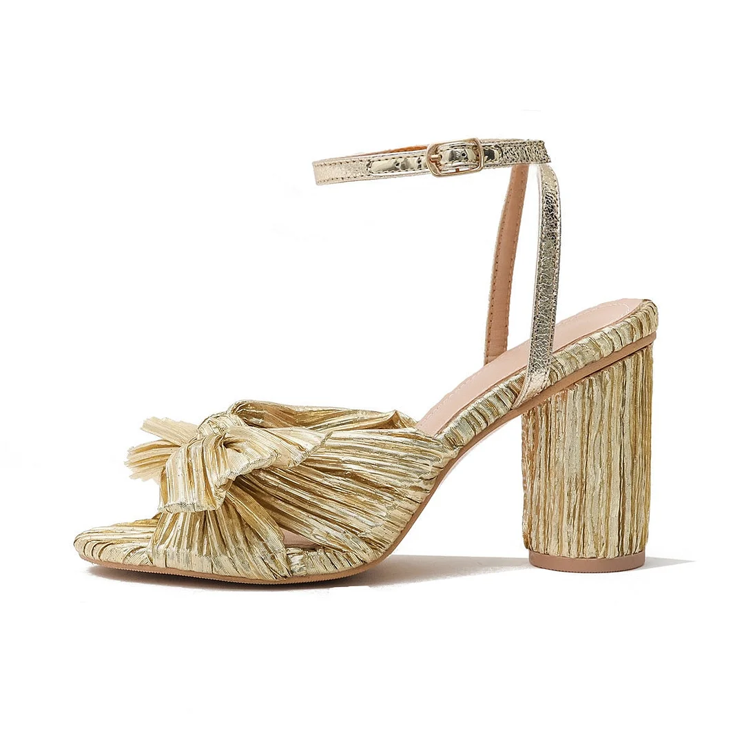 Women Sandals New Brand Summer Shoes Pleated Bow-Knot Round Heels Open Toe Dress Shoes Big Size Party Wedding Shoes