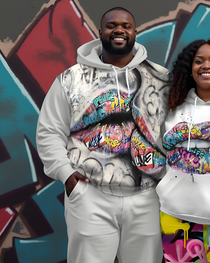 Couple Plus Size Street Lips Graffiti Print Hoodie Set