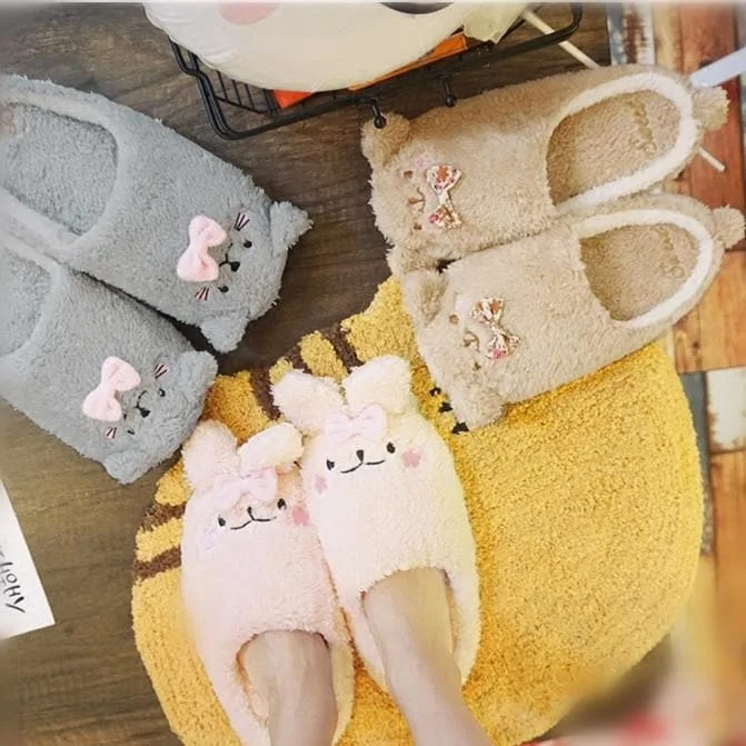 Grey/Pink/Brown Kawaii Animals Fluffy Slippers SP1710932