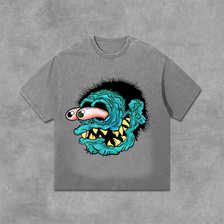 Funny Cartoon Portrait Graphic Print Acid Washed T-Shirt SOPULA