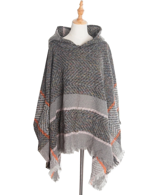 Factory Direct Supply New Spring And Autumn And Winter Fish Bone Pattern Ladies Hooded Shawl Pullover Cloak
