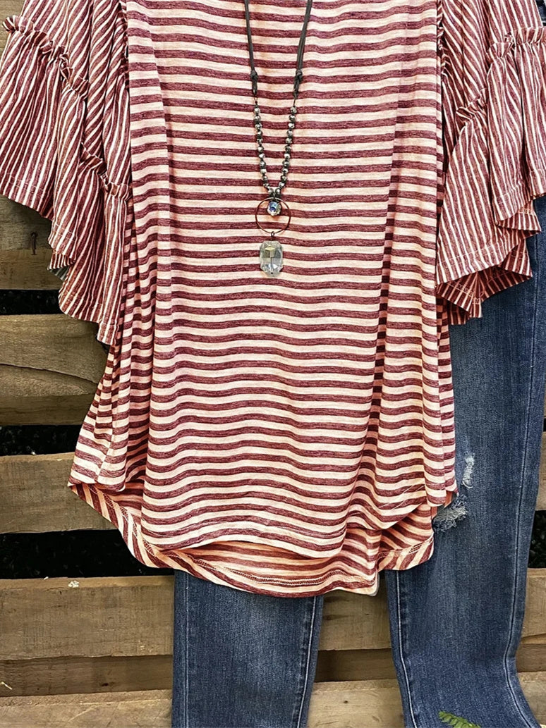 Women Half Sleeve Scoop Neck Striped Stitching Tops