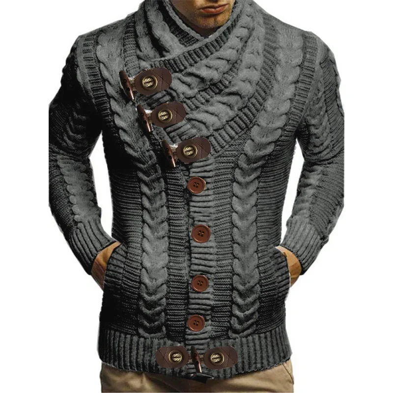 Wongn Wongn Men's Turtleneck Button Horn Buckle Knit Fashion Cardigan Men's Sweater
