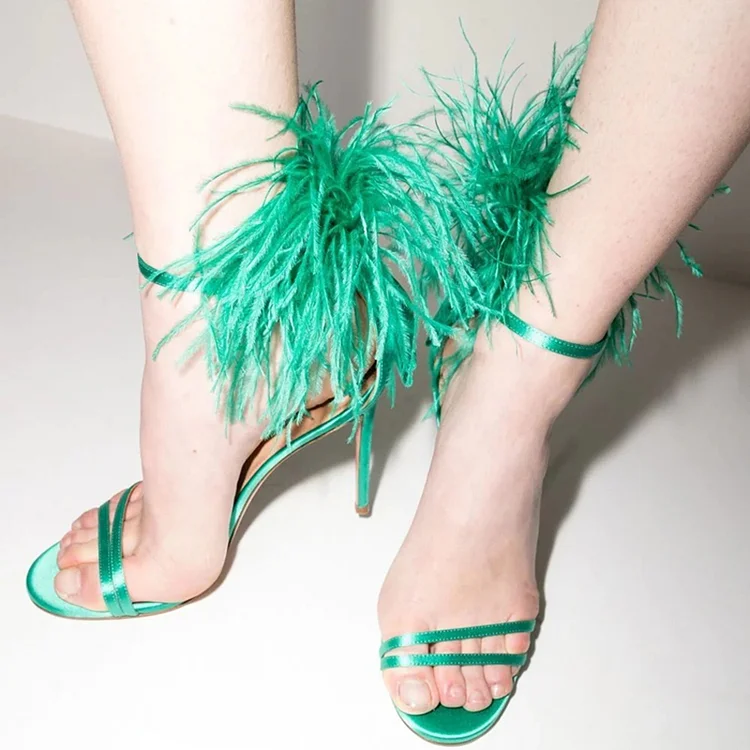 Turquoise Ankle Strap Furry Shoes Elegant Open Toe Satin Heel Wedding Stiletto Sandals |FSJ Shoes