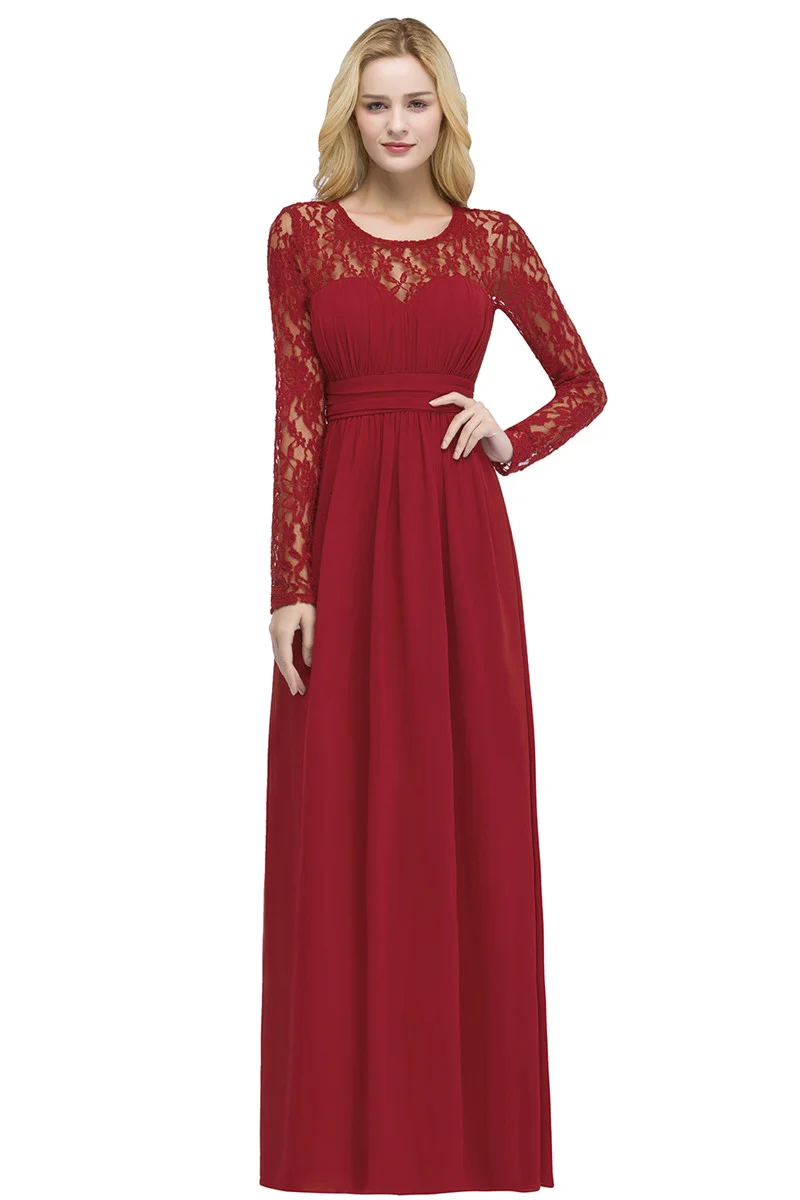red long sleeve lace long chiffon prom dress