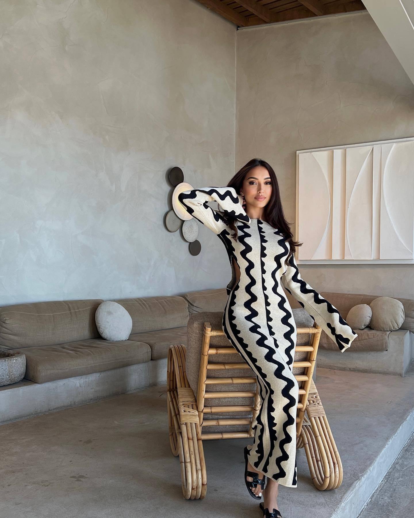 Ootddress Striped Contrast Color Knit Maxi Bodycon Dress Boho High Waisted Hollow Out Slim Dresses Women Holiday Dresses Vestidos