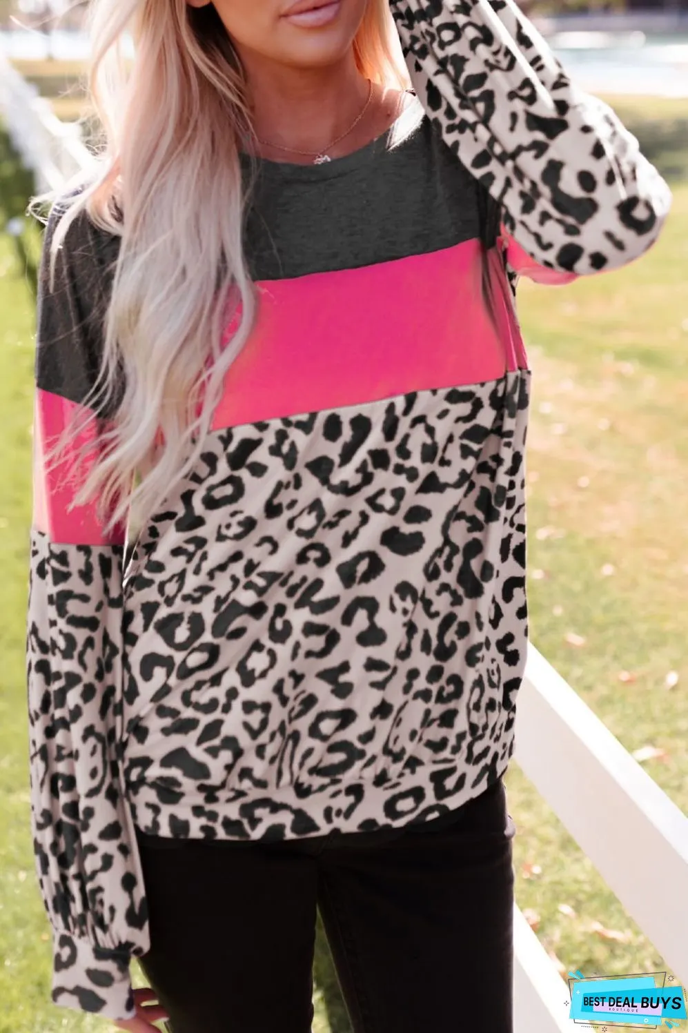 Leopard Print Color Block Long-Sleeve Top