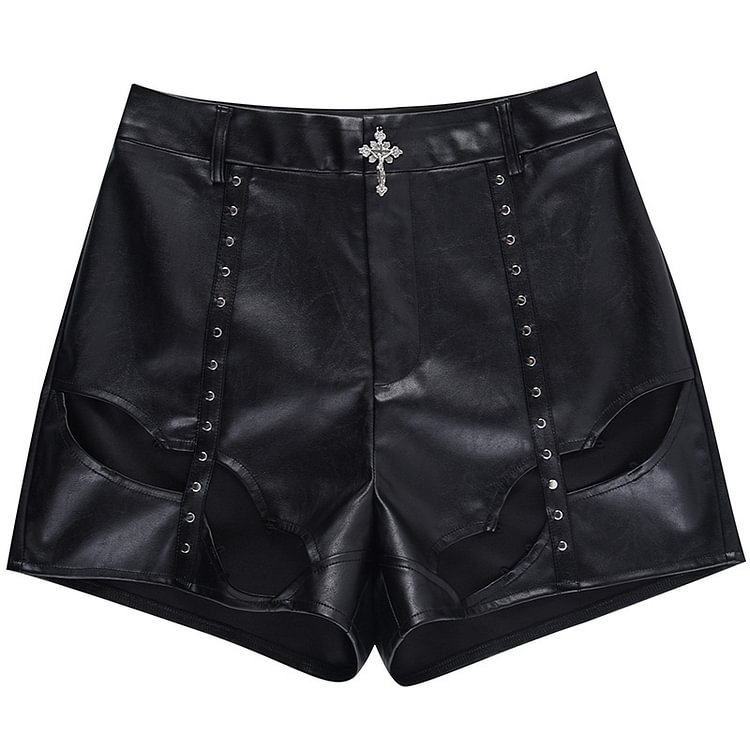 PU Leather Cross Button Hollow Out Shorts - Modakawa modakawa